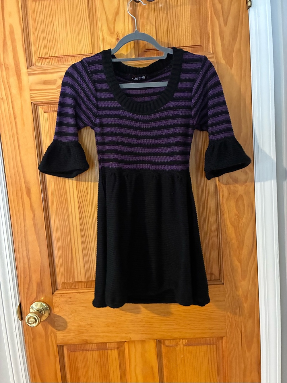 Morgan de Toi Black and Purple Striped Knit A-Line Dress